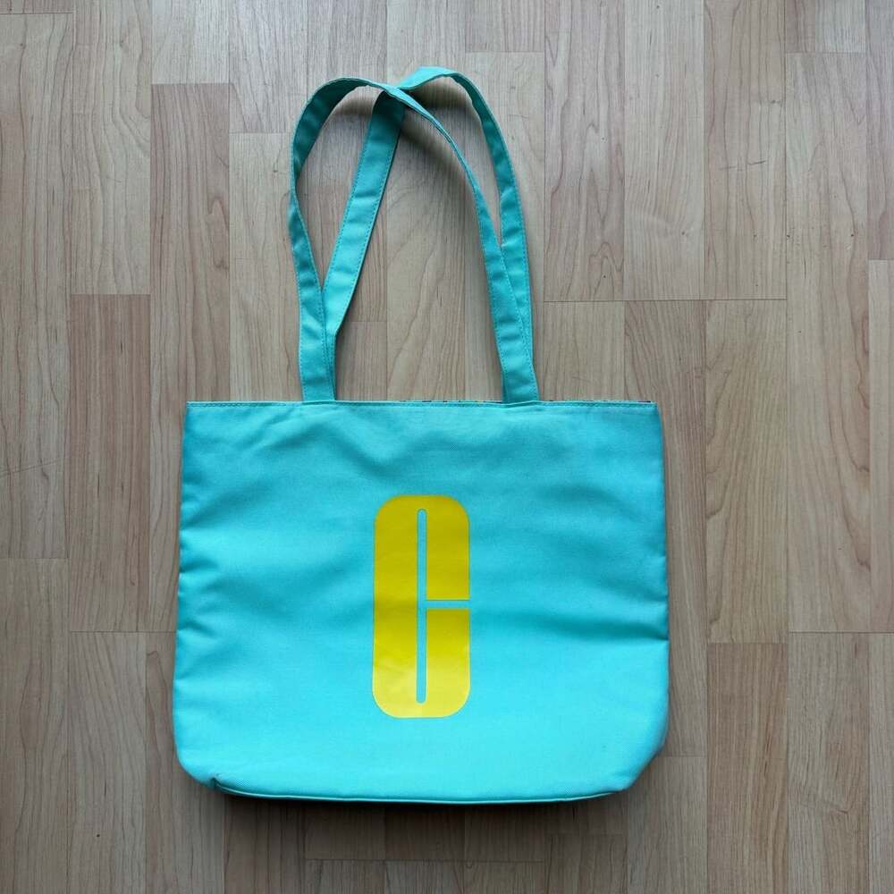Clinique Reversible Turquoise and Multicolor Monogram Logo Tote Bag Y2K